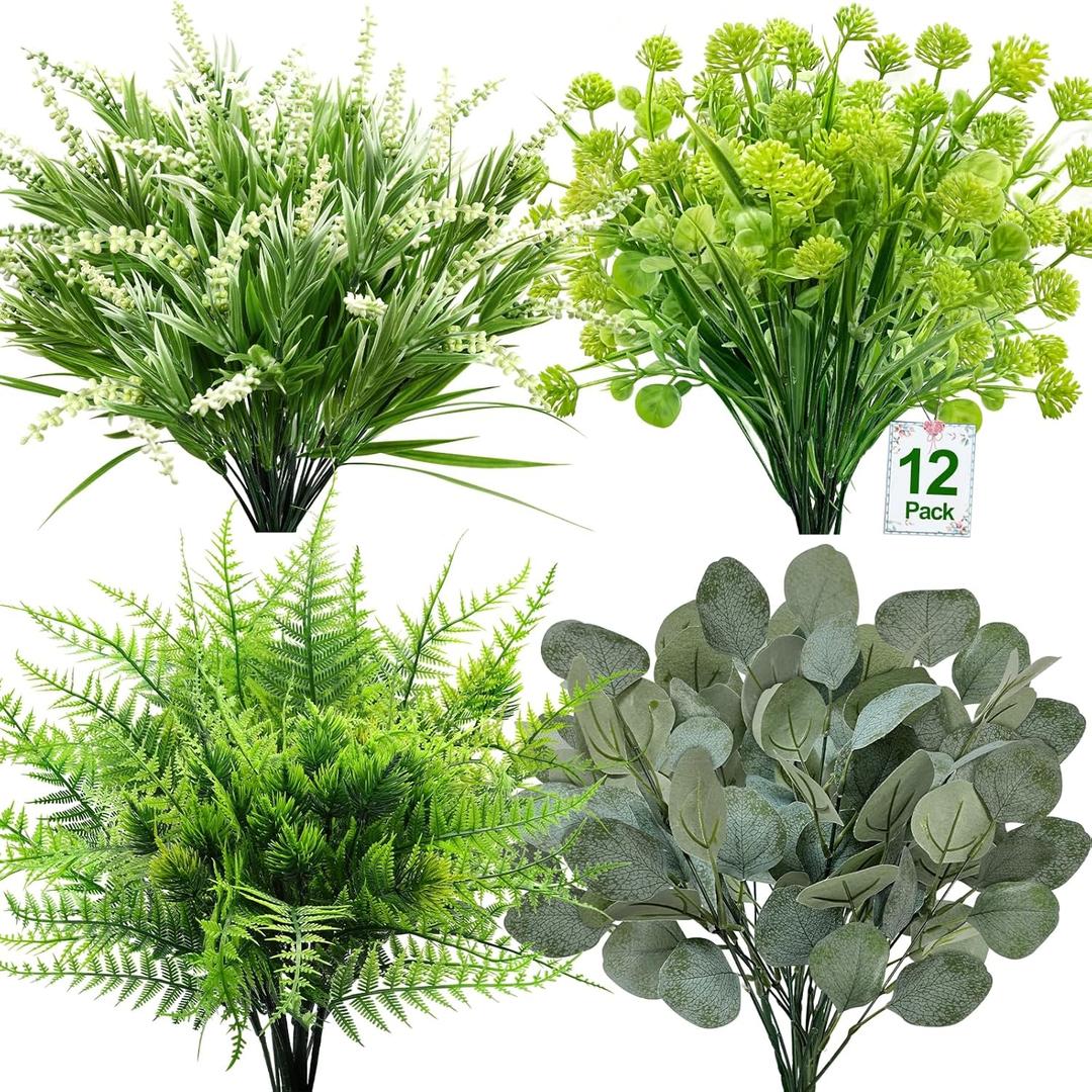 12 Bundles 4 Styles Artificial Plants Outdoor, UV Resistant No Fade Artificial Flowers Faux Plants Fern Lavender Eucalyptus Plastic Greenery Shrubs for Outside Porch Garden Home Spring Summer Decor