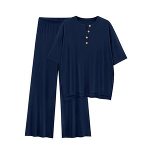 PRETTYGARDEN 2 Piece Lounge Sets for Women Summer 2025 Short Sleeve Tops Wide Leg Pants Matching Travel Outfits Clothing (Navy,X-Small)