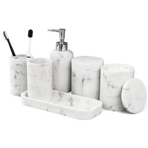 LIN CHUAN 6-Piece Bathroom Accessories Set, Organizer Set with Soap Dispenser, Toothbrush Holder Set, Vanity Tray, Tumbler & 2 Cotton Swab Jars Modern Stylish Bathroom Storage(Marble White)