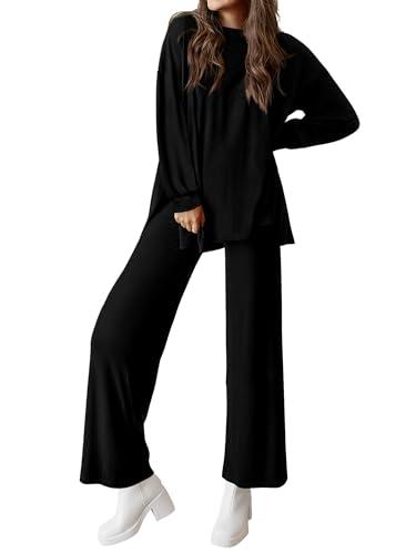 PRETTYGARDEN Womens 2025 Casual Lounge Sets Long Sleeve Tops Wide Leg Long Pants Fall Crewneck. Piece Outfits Tracksuits(Black,Small)