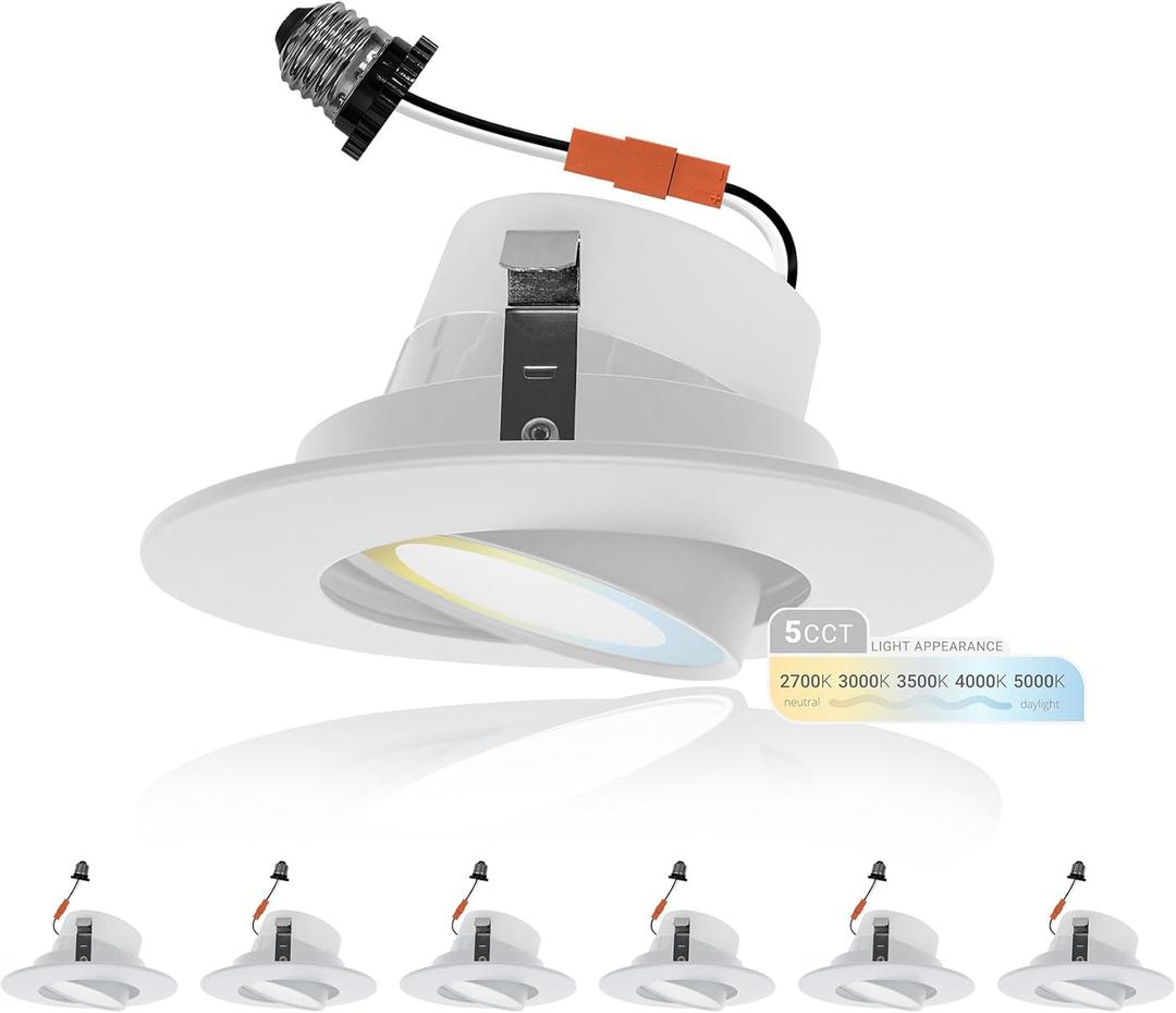 NUWATT 4 Inch Gimbal LED Recessed Lighting Retrofit, 4" Sloped Ceiling Light, 5 CCT 2700K/3000K/3500K/4000K/5000K, Dimmable, High Output 750LM, 10W, 90 CRI Eyeball Lights, Aluminum Trim, ETL 6-Pack (White)