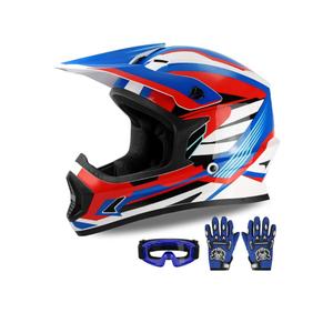 XFMT Kids Dirt Bike Helmet Youth Motorcycle Helmet DOT-Certified Full Face Helmets for Motocross ATV Off-Road Street Bike with Goggles & Gloves, Red White and Blue Large