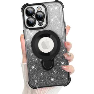 KANGHAR for iPhone 13 Pro Max Case, Support for MagSafe [Four Corner Cushion Series] Kickstand Electroplate Edge Shockproof Durable Full Body Protection for Girls Women -Black