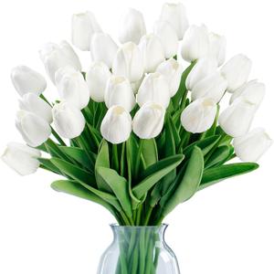 Sggvecsy 30 Pcs Fake Tulips Artificial Flowers Real Touch PU Faux Flowers Tulip Stems for Wedding Spring Bouquet Floral Arrangement Home Party Office Decorations for Mother's Day (White)