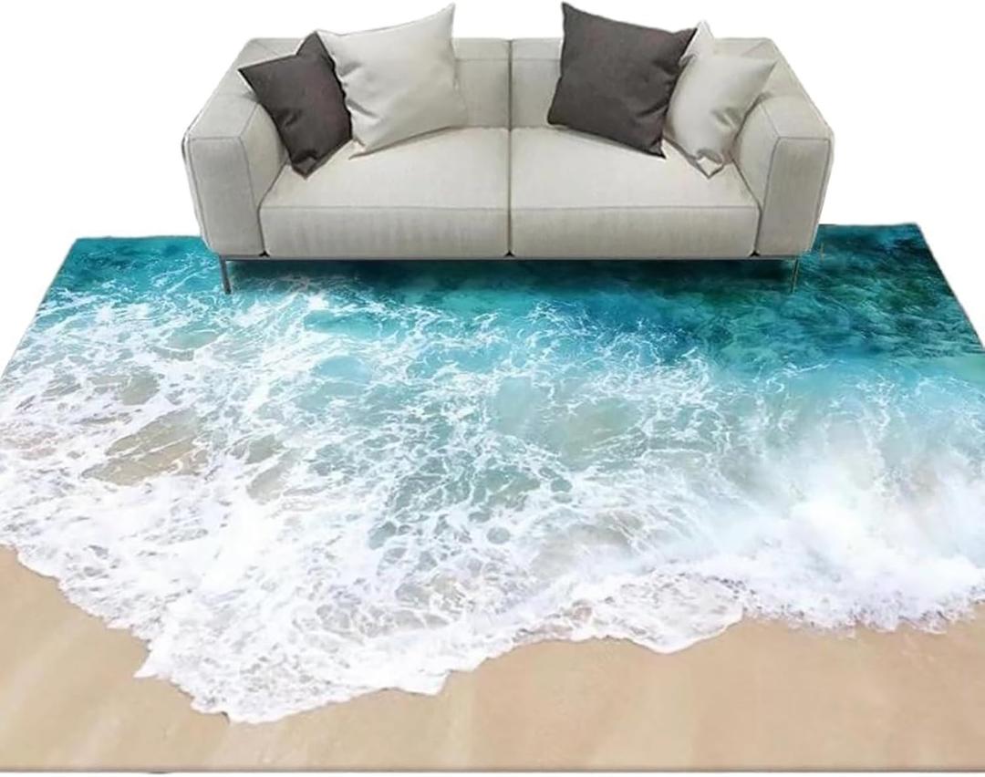 3D Visual Blue Ocean Waves Rug, Large Sea Wave Area Rugs for Bedroom, Cute Beach Design Carpet Non-Slip Sofa Mat (Ocean Waves), 
Size	5'3" x 3'11" (Rectangular)