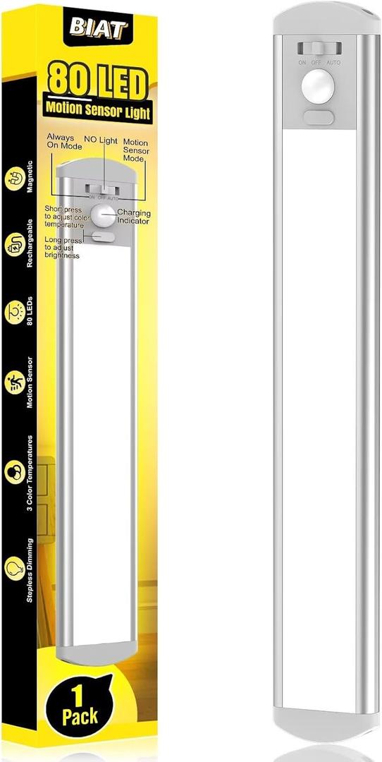 BIAT Under Cabinet Lights, 80 LED Motion Sensor Indoor, Rechargeable Closet Lights with 3 Color Temps, Dimmable (10.2inch, 1 Pack)