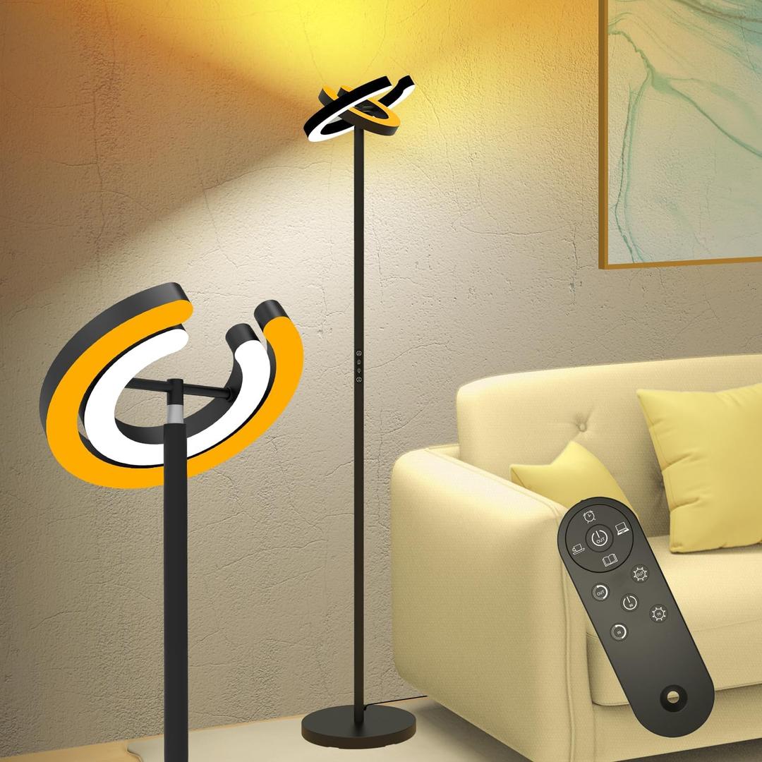EPABINA Floor Lamp for Living Room, 75.5 Inch Tall Standing Lamp for Bedroom with 2 312 Rotatable Ring Lights, 36W Bright Stepless Dimmable LED Floor Light with Remote Control for Office Dining Room (Black)
