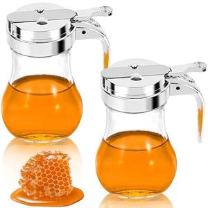 2Pcs 8oz Syrup Dispenser Honey Pot Glass Honey Dispenser Jar, Maple Syrup Dispenser, Honey Container, Commercial Quality With Handle Honey Dispenser for Home Kitchen Storage (1, Plain weave 2 pack)