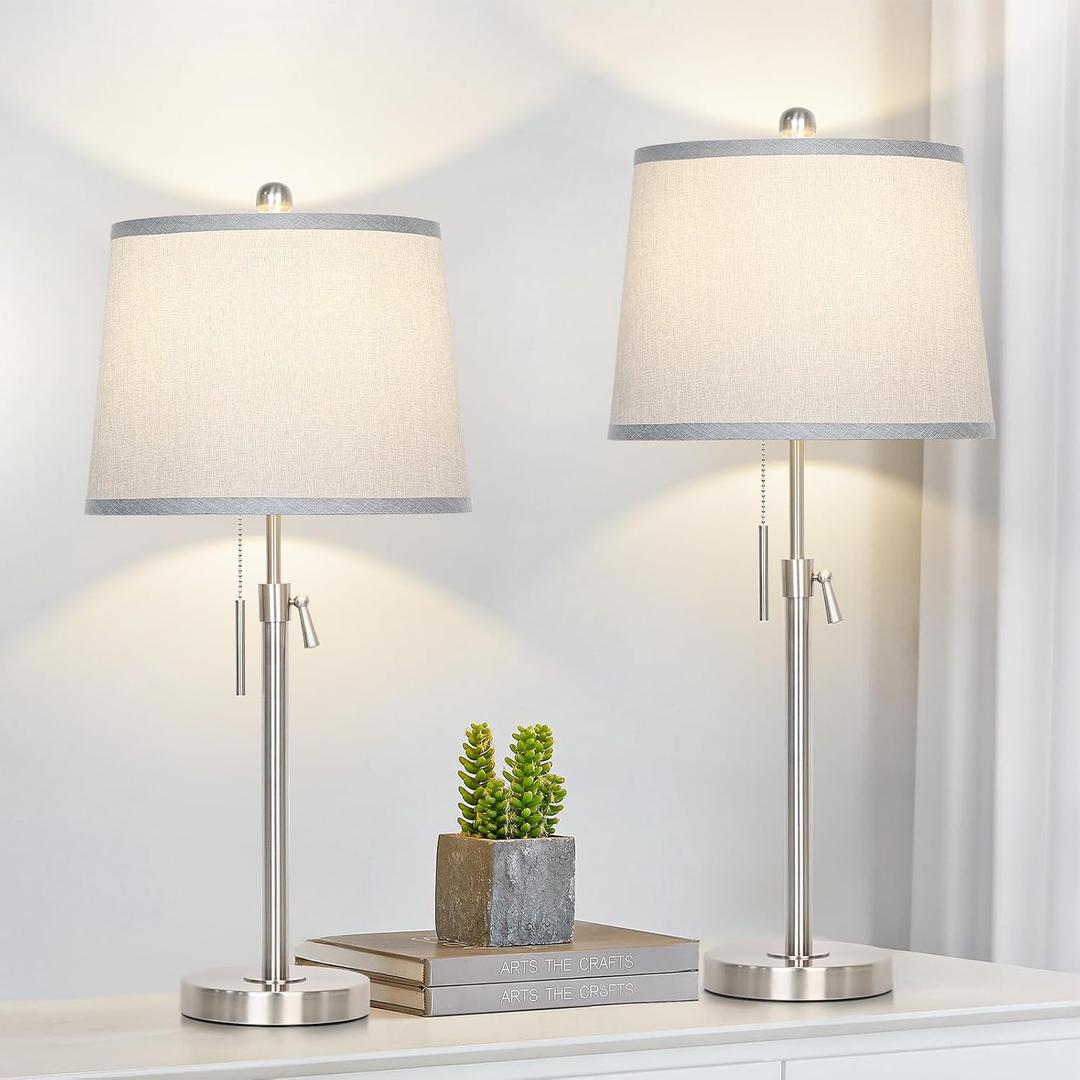 Table Lamps Set of 2, Bedside Lamp Silver Tall Table Lamps for Living Room End Tables, 22" to 30" Adjustable Height Lamp for Bedroom Nightstand Farmhouse with Pull Chain, (Bulbs Included)