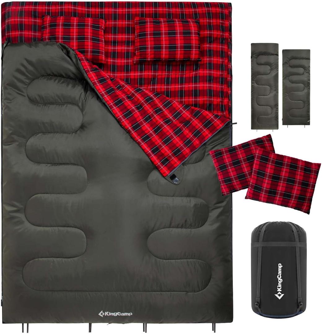 KingCamp Double Sleeping Bag for Adults, Queen Size 2 Person XXL Flannel Sleeping Bag, Waterproof Lightweight Flannel Quilt with 2 Pillows, Perfect for Couples Family Camping Hiking (Envelope-Green)