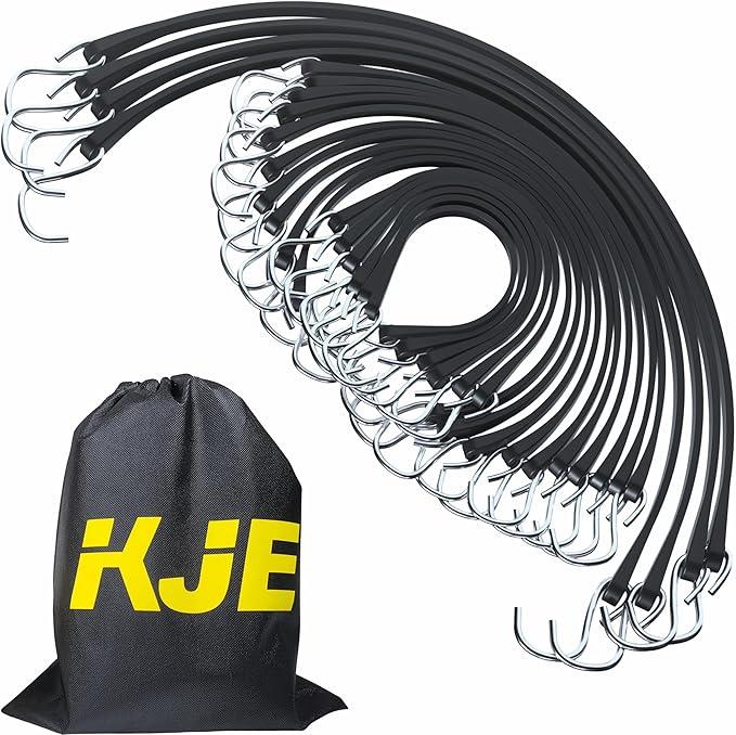 KJE 20Pack (15", 21", 31") Rubber Bungee Cords with S Hooks - Quality EPDM, Heavy Duty Black Bungee Straps, Ideal for Outdoor Tie Downs, Securing Tarps, Canvases, Cargo in Cold Hot Climates