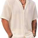 Mens Crochet Shirts Summer Fashion Knit Mesh Button Down Casual Cuban Top (S-XXL) (Beige, XL)