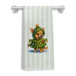 EKGJW Funny Christmas Chihuahua Kitchen Towels, Chihuahua Gifts, Green Striped Christmas Dog Dish Tea Towels for Kitchen, Dog Lover Gifts Decorative Hand Towel for Bathroom, 16x24 Inch