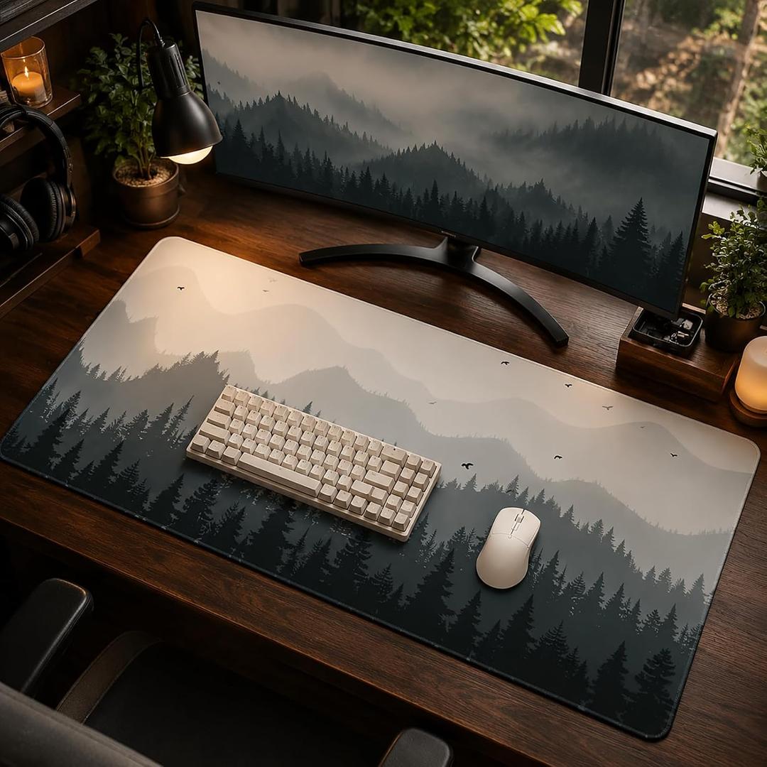 XXL Gaming Mouse Pad 35" x 17", Large Extended Desk Mat with Non-Slip Rubber Base, Misty Forest Landscape Mouse Pad for Gaming, Office, Laptop, Keyboard & Desktop Setup