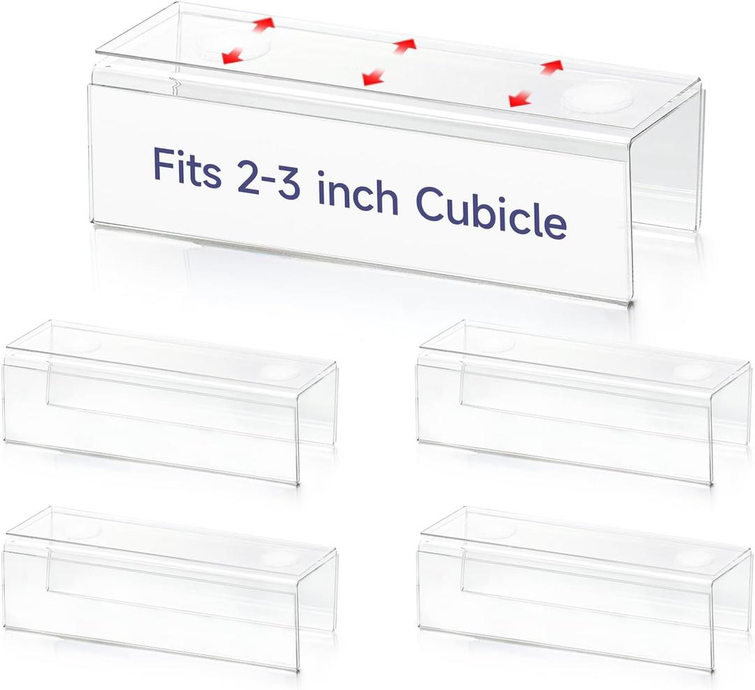 4 Pcs Acrylic Cubicle Name Plate Holders 2 x 8 Inches Double Sided Adjustable Desk Name Plate Holder with 8 Magic Hooks Acrylic Name Tag Stand for Fabric Offices Meeting Room (Assembly Required)