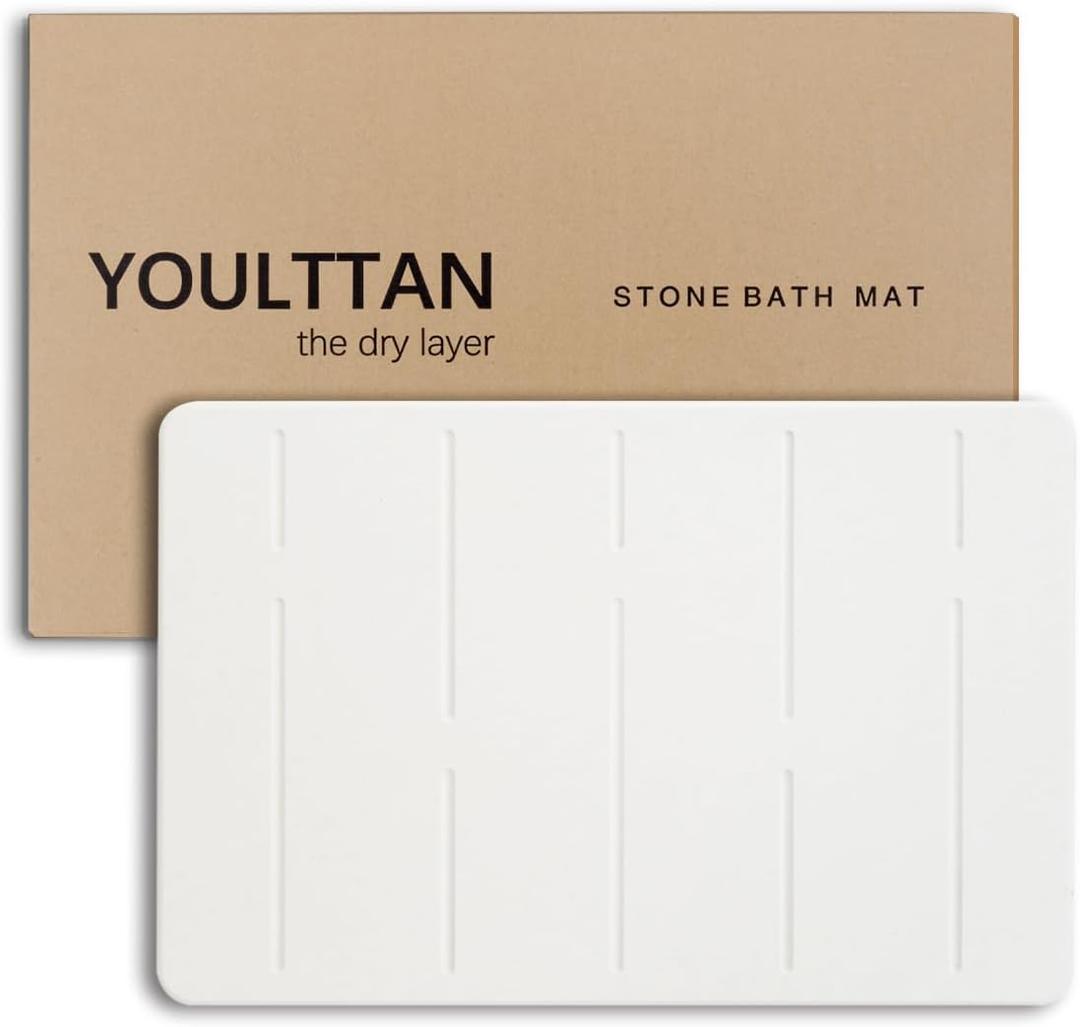 Stone Bath Mat 24"x16" - Diatomaceous Earth Shower Mat, Quick Dry, Anti-Slip, Modern Design with Bonus Non-Slip Pad - Perfect for Home Safety and Style,White,Straight