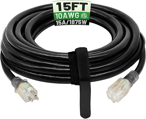 POWGRN 15 Ft 10AWG Black Outdoor Extension Cord Waterproof Heavy Duty 10 Gauge 3 Prong, Flexible Cold-Resistant Power Cord Indoor & Outside with Lighted Indicator End, 15Amp 1875W SJTW ETL Listed