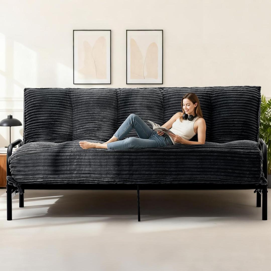 10" Futon Mattress Queen Size,Futons Sofa Couch Bed with Straps, Thick Corduroy Floor Mattress for Adults, Roll Up Folding Mattress Shredded Foam Filling, Medium Firm (Black, Queen)