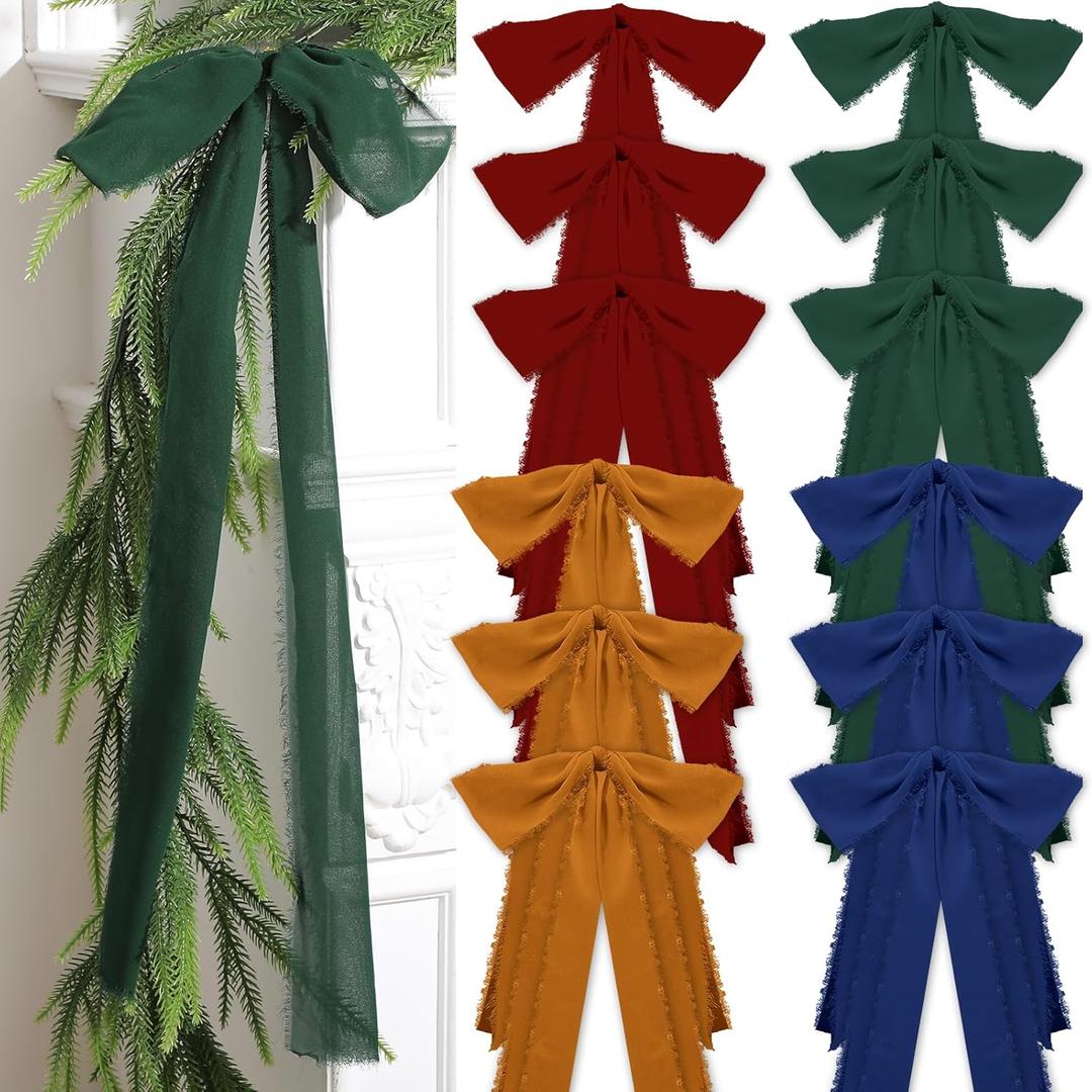 12 PCS Christmas Frayed Edge Bows Decoration - 12" x 24" Chiffon Silk Ribbon Large Vintage Bow Ornaments Set for Xmas Tree Topper, Garland, Wreath, Candlestick - Holiday Indoor Outdoor Decor (Classic Color)