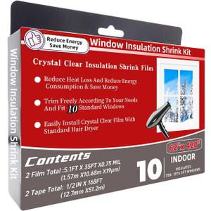 Fonsbleaudy 10-Window Shrink Film Window Insulation kit（62-Inch x 420-Inch），Insulating Film Window Kit Keeps Cold Air Out and Warm Air in (10 Windows)
