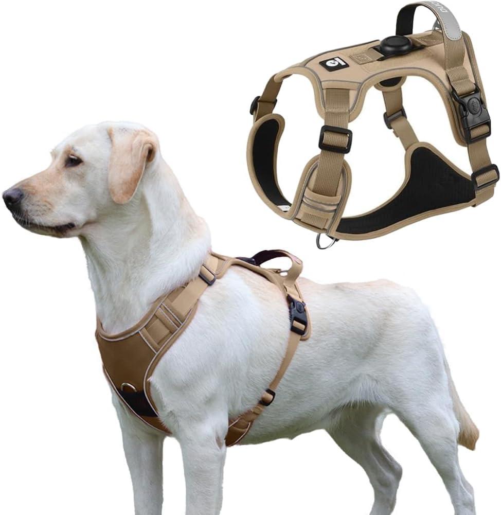 Dog Harness with Airtag Holder, No-Pull Tactical Service Dogs Vest with Handle, Escape Proof Freedom Outdoor Easy Walk Jacket with Back Front Clip for Small Medium Large Breeds,Khaki,S