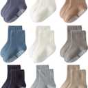 Toddler Grip Socks Non Slip Crew Socks Cute Seamless Cotton Socks for Baby Boys Girls Infants Kids 9 Pairs Size: 3-12 Months