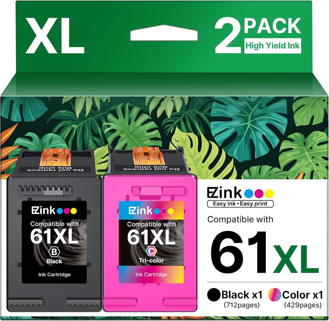 61XL Ink Cartridge High-Yield Remanufactured for HP Ink 61 XL 61XL Ink Cartridge Combo Pack to Use with Envy 4500 5530 4502 4501 5535 OfficeJet 4630 4635 DeskJet 2540 1000 1010 (1 Tri-Color, 1 Black)