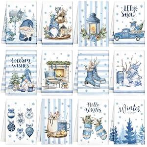 12 Pcs Christmas Kitchen Towels and Dishcloths Absorbent Christmas Tree Reindeer Truck Hand Towels Christmas Dish Towels Decoration for Xmas Home Gift Supplies, 14.2 x 21.3 Inch (Novel Style)