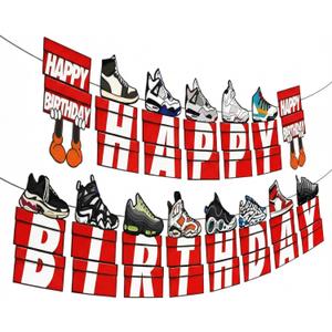 2Pcs Sneaker Happy Birthday Banners, Sneaker Party Sign Decorations, Sports Theme Birthday Supplies for Indoor Outdoor Celebration (Red)