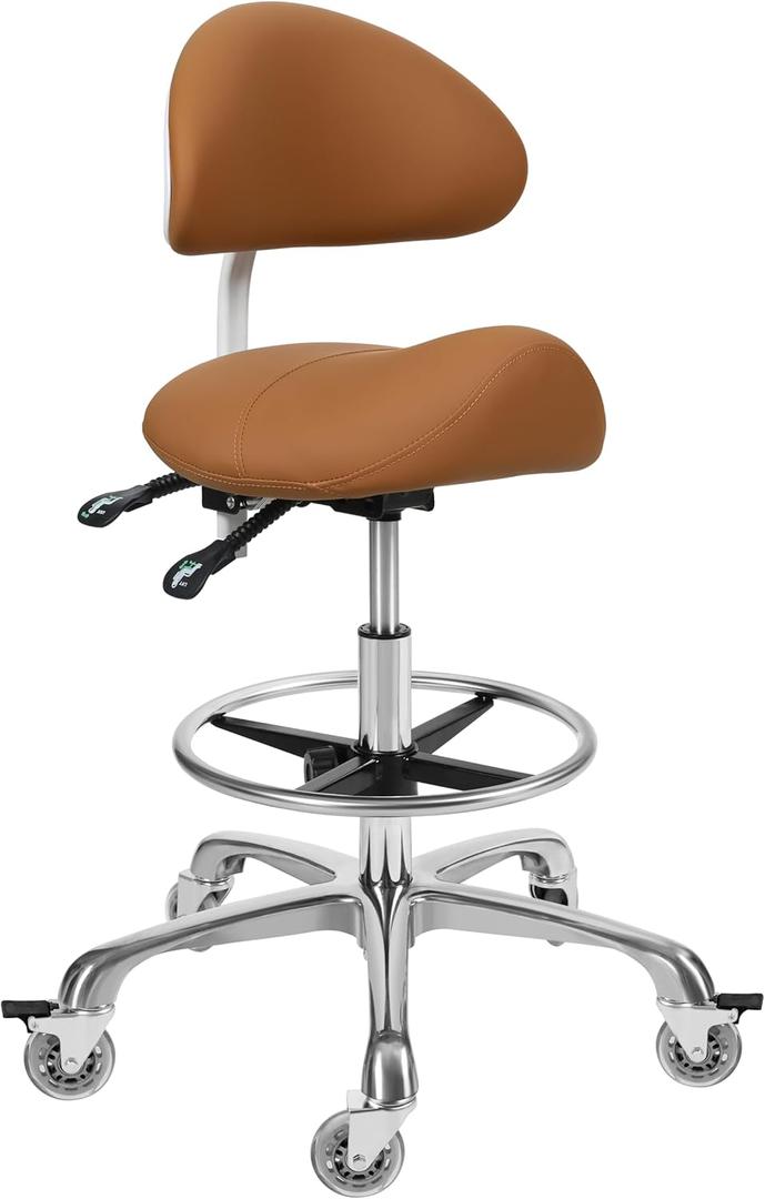 Saddle Stool Chair with Backrest and Footrest- Ergonomic Rolling Saddle Stools Hydraulic Swivel Adjustable Stool Esthetician Chair for Massage Beauty Salon Tattoo Dentist Clinic Home Office (Camel)
