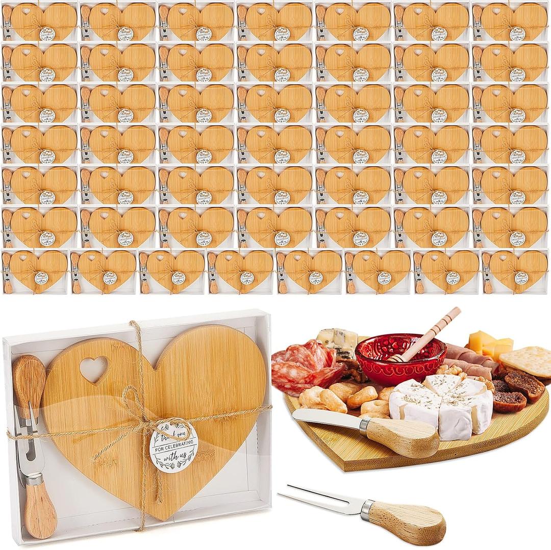 Patelai 50 Set Bridal Baby Shower Favor Heart Cheese Board with Knife, Wood Mini Charcuterie Board Thank You Gift Box for Guest Bridal Baby Shower Prize Wedding Valentines Birthday (Bamboo Color)