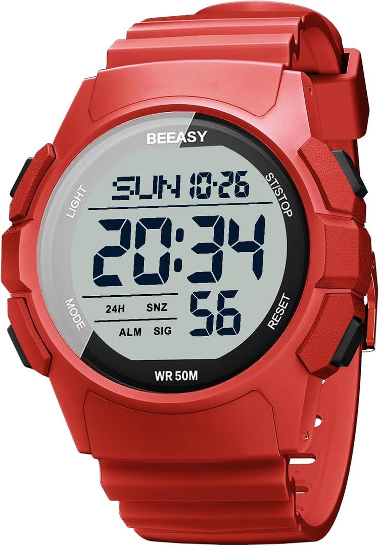 Beeasy Mens Digital Sports Watch, 50M Waterproof 49mm Rubber Strap Mens Watches with Stopwatch, Countdown Timer, Alarm & Dual Time—Ideal for Sport, Gym, Running, Referee, School & Daily Wear