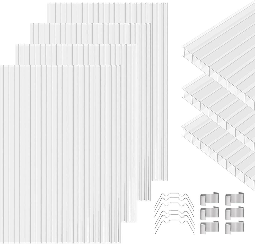 Polycarbonate Greenhouse Panels 14 Pack 4'x 2'x0.16 Twin-Wall UV-Protected All Weather Plastic Roof Panel Clear Replacement Sheets for Garden Fences, Furniture DIY,Outdoor Roofing