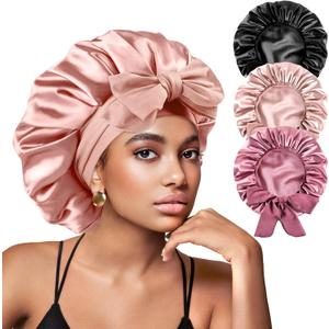 Yanideer 3 pcs Adjustable Satin Bonnets for Sleeping Double Layer Satin Lined Hair Bonnet with Tie Band for Women Curly Hair (One Size, Blushpink)