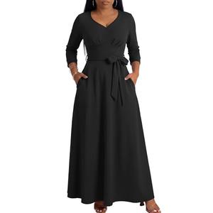 MarryUP Women's Maxi Dresses V Neck 3/4 Sleeve Casual Flowy Long Church Dress with Waist Belt Black L