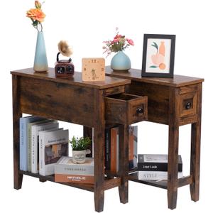 Brown 2 Pack Chairside Narrow End Table with Drawer, Solid Recliner Side Table with Storage Shelf, Slim Nightstand Bedside Table for Bedroom