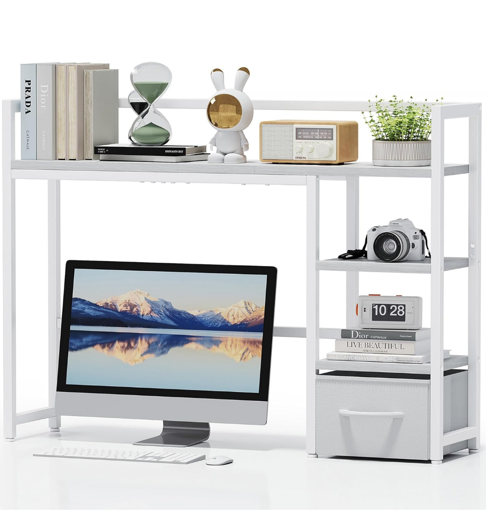 Marbrasse Desk Shelf with Drawer, 40" Desk Hutch for Computer Monitor, Desk Shelf for top of Desk, Wooden Desktop Bookshelf Storage Rack for Home Office Dorm - White