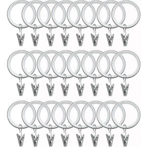 24 Pack Curtain Rings with Smooth, Quiet Nylon Inserts with Clips, Window Clip Rings Curtain Hooks Hangers, 1.26 in Interior Diameter, Fits up to 1" Rod (Nickel)