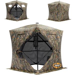 Hunting Blind - 2-3 Person & 3-4 Person 360/270 See Through Ground Blinds for Hunting Deer and Turkey, Pop Up Deer Blind with Single Door/Dual Doors, Portable Carry Bag and Quiet Fast, 2-3 person 360 with Diamond-shaped door