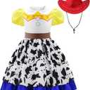 Cowgirl Costume Girls Cowgirl Dress Jessie Costume Halloween Party Princess Dress Up Outfit with Red Cowboy Hat (6-7 Years)