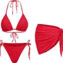 Women 3 Piece Swimsuits - Sexy Triangle Bikini Sets with Cover Up Halter String Tie Side Bathing Suits (Medium, Red)