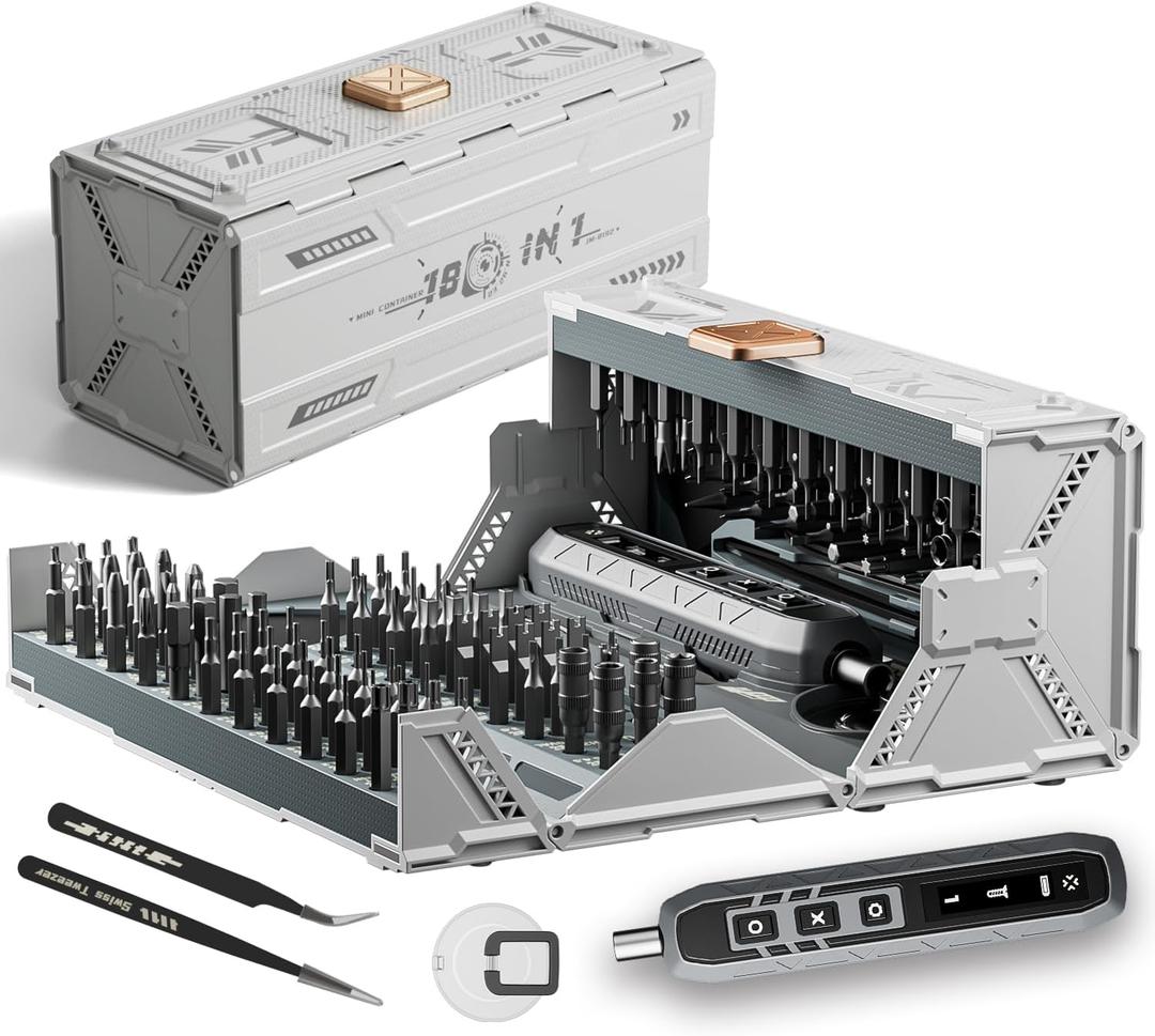 180 in 1 Electric Screwdriver Set, Power Screwdriver, Precision Screwdriver Set, 3 Torque Modes with 162 Magnetic Precision Bits, Screwdriver it for Phone Camera Computer Watch Laptop Drones (sliver-off)