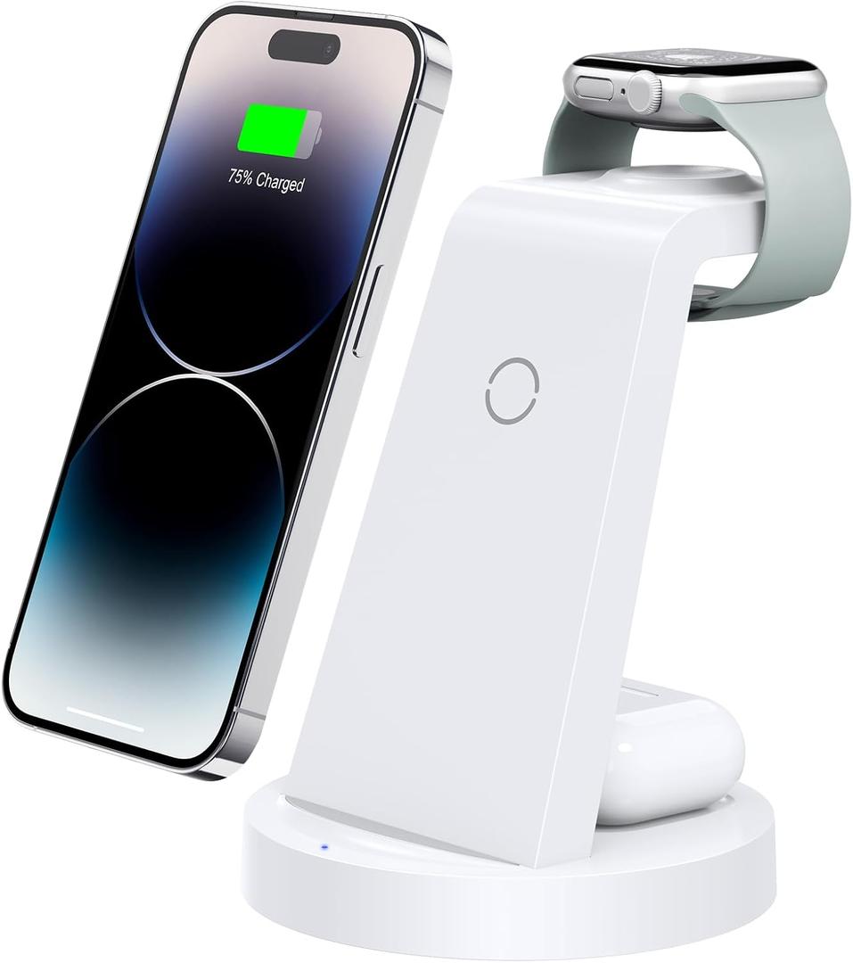 3 in 1 Charging Station for iPhone - Wireless Charger for Apple Products Multiple Devices - Charging Dock Stand for AirPods (for iPhone 16e 16 15 14 13 pro 12 11 X Max) (White)