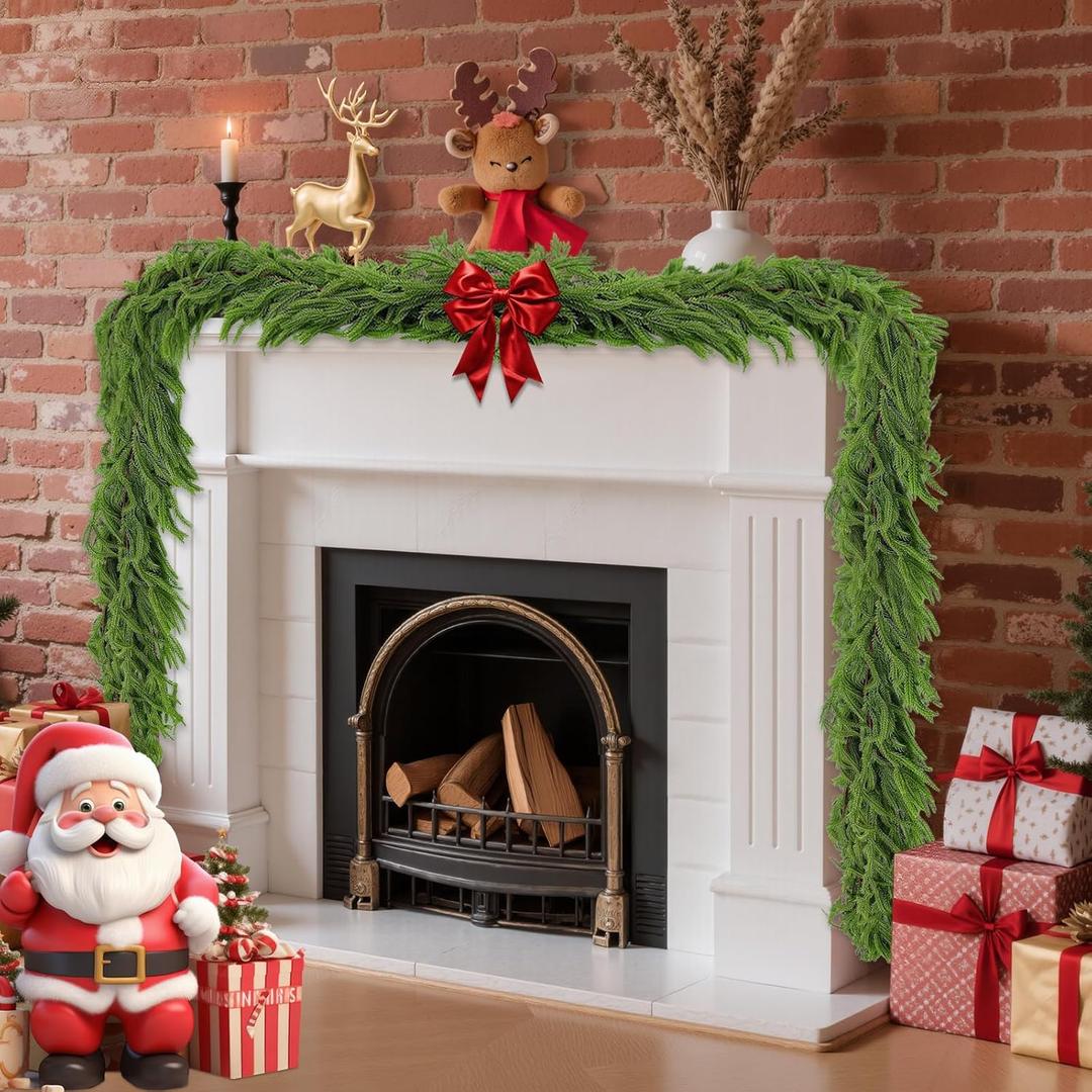 2 Pack 9 Ft Artificial Norfolk Pine Garlands - Christmas Decor Realistic Pine Garland, Green Faux Greenery Garland for Table, Mantle, Fireplace, Wall, Indoor Outdoor Winter Christmas Decorations