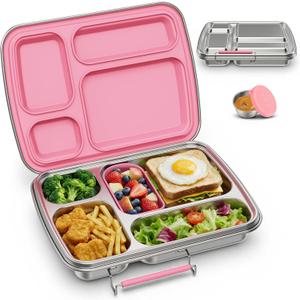 Stainless Steel Bento Lunch Box for Kids & Adults, 4 Compartment Kids Lunch Box, Metal Bento Box with Silicone Container and Stainless Steel Sauce Container,BPA-Free,School,Office(Pink)