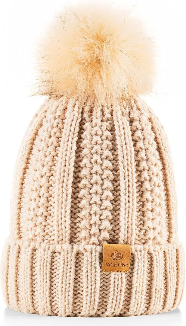 PAGE ONE Womens Winter Thick Cable Knit Beanie Faux Fur Pom Hat Fleece Lined Skull Cap (One Size, Beige)