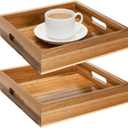 YOUEON Set of 2 Acacia Wood Serving Tray with Handles, 10x10x2 Inch Decorative Serving Trays for Food, Ottoman Tray, Square Coffee Table Trays for Dinner, Coffee, Wine, Appetizer