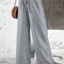 Women's Teacher Outfits Casual Pants Trendy Flowy Wide Leg Pull On Elastic Waist Long Beach Lounge (Gray, L)