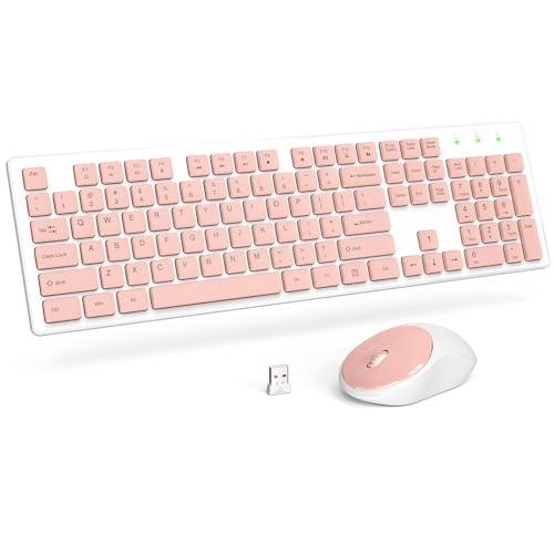 Trueque Wireless Keyboard and Mouse Combo - Full-Size Quiet Keyboard with Palm Rest, Phone Holder, Multimedia Keys, Power Switch, Batteries Included, Compatible with Windows, PC, Laptop (Pink & White)