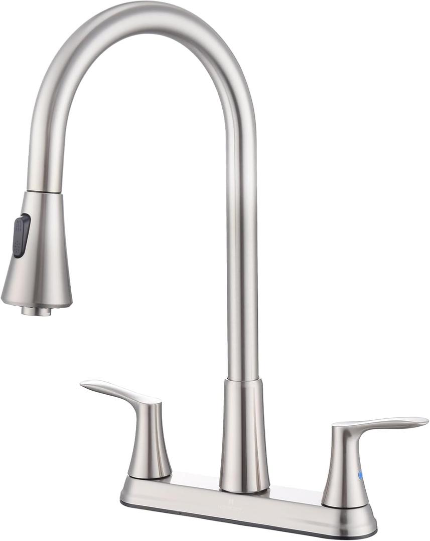 HOMELODY 2 Handles Kitchen Faucet with Pull Down Sprayer for 3 Hole Sink, 8 inch 360° Rotating Spout Centerset Kitchen Sink Faucet with Water Lines Brushed Nickel